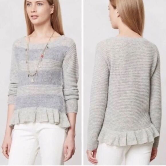 ANTHROPOLOGIE Sleeping On Snow Gray Wool Fringe Ruffle Knit Sweater Size Small - Picture 1 of 8